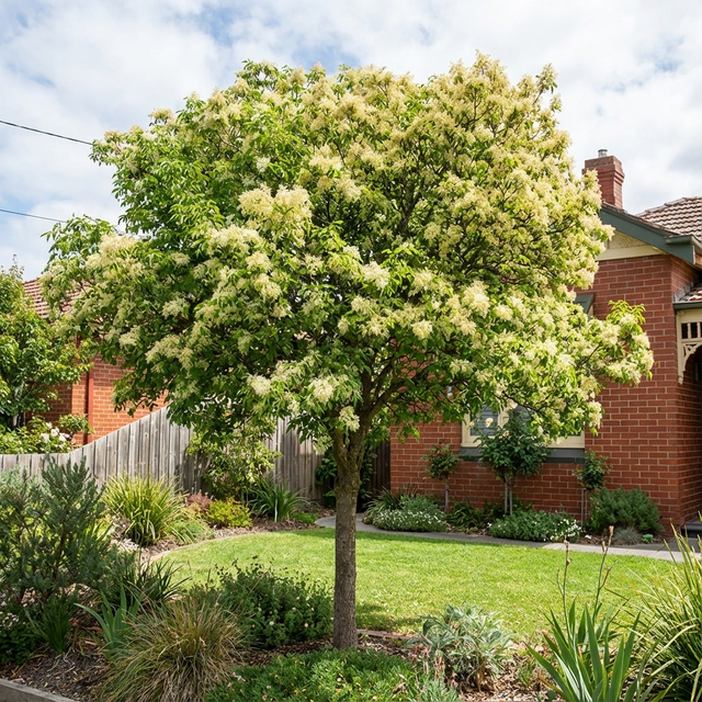 A Flowering Ash - Fraxinus ornus with white blossoms adds elegance to a green front yard by a red-brick house, brightening the street as an ornamental tree on a sunny day.