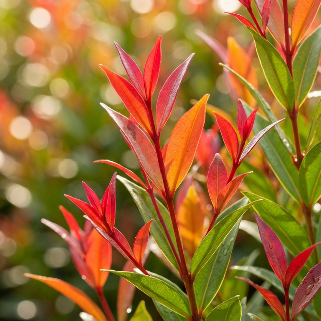 Close-up of vibrant red and green Syzygium australe 'Forest Flame' leaves with sunlight and a blurred background, perfect as a colorful privacy hedge or screening plant.