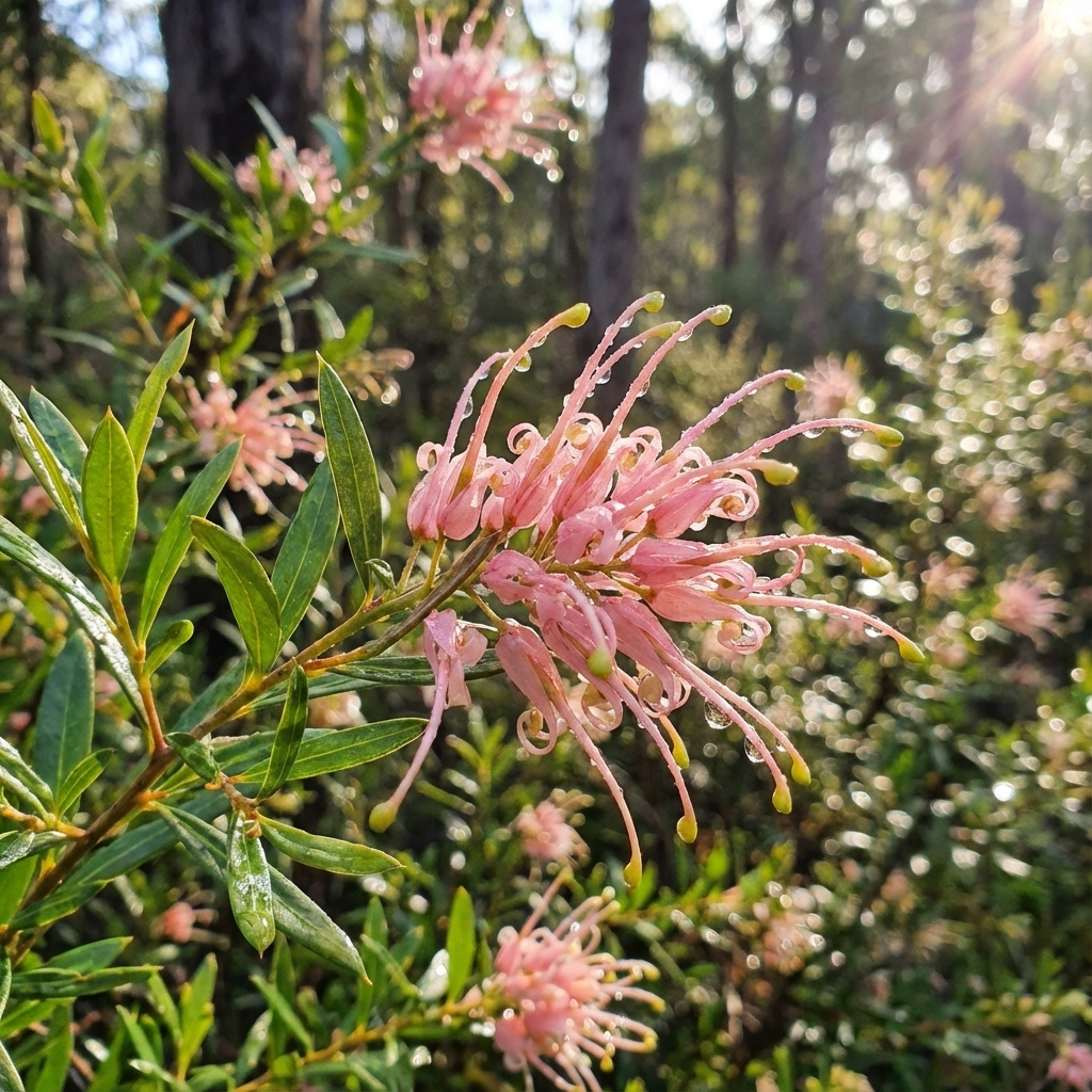 Close-up of a pink Forest Rambler Grevillea - Grevillea 'Forest Rambler' flower with dew drops amid green leaves in sunlight—an eye-catching, drought-tolerant ground cover.