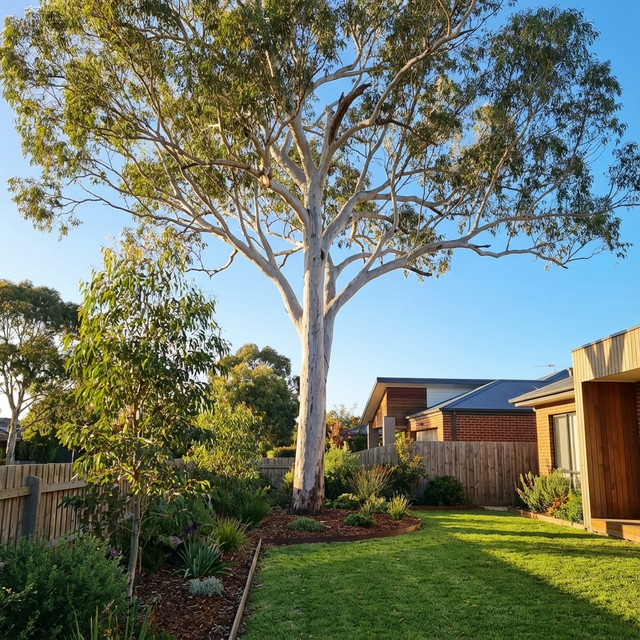 A Forest Red Gum (Eucalyptus tereticornis), a large Australian native tree, grows in a sunny backyard garden with lush grass and plants near a modern brick house.