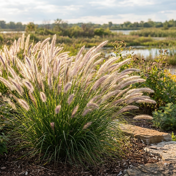 Fountain Grass (Pennisetum alopecuroides), a drought-tolerant ornamental, displays feathery plumes while growing by a pond in the sun, adding beauty to natural garden settings.