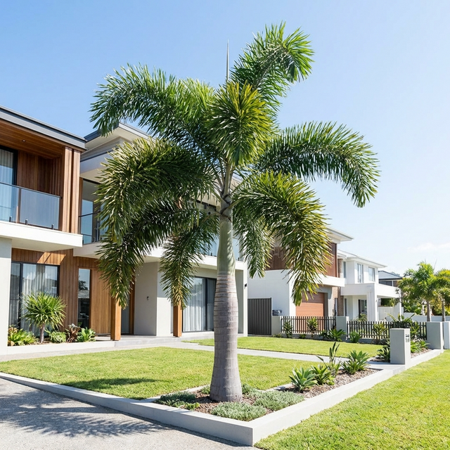 A Foxtail Palm - Wodyetia Bifurcata adds tropical style to a modern front yard, thriving in sunny areas and offering low-maintenance landscaping.