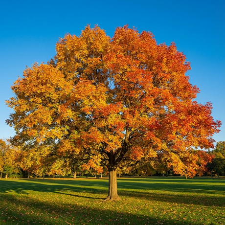 A large Fraxinus pennsylvanica Urbanite® (‘Urbdell’), known for its urban toughness and vibrant orange-yellow autumn foliage, stands in a grassy field beneath a clear blue sky.