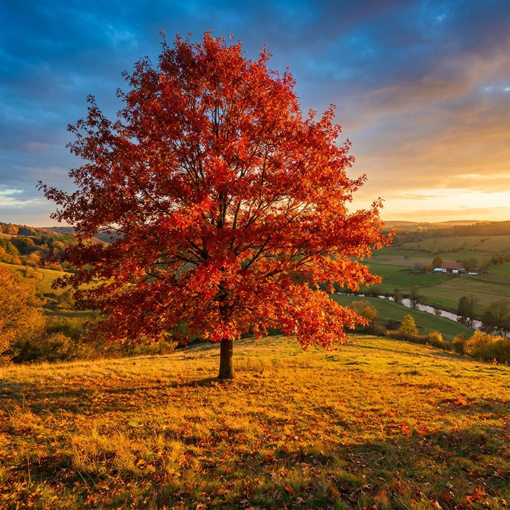 A vibrant Freefall Pin Oak (Quercus palustris ‘Freefall’) stands on a grassy hill at sunset, with fields and a river in the background, completing this stunning architectural landscape.