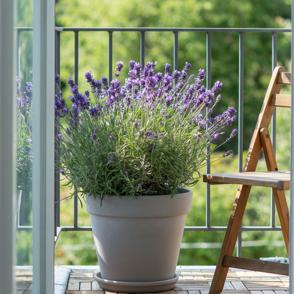 French Lavender - Lavandula dentata, a fragrant drought-tolerant plant, sits on a sunny balcony next to a wooden chair with lush greenery in the background.