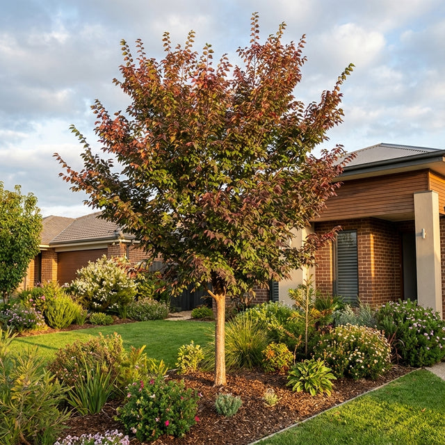 A Frontier Elm (Ulmus carpinifolia × parvifolia ‘Frontier’) with striking red-green leaves enhances the front yard of a modern brick home, adding ornamental charm and serving as a compact shade tree.