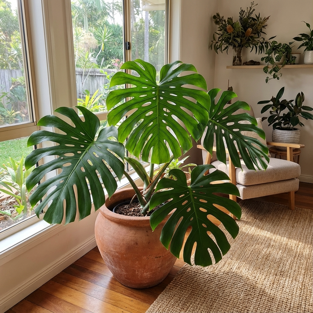 The Fruit Salad Plant - Monstera deliciosa in a terracotta pot by a sunny window adds brightness to this cozy, plant-filled living room.