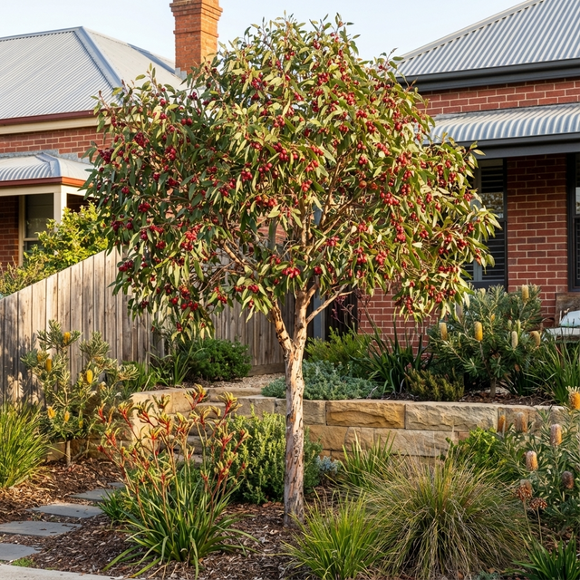 A Fuchsia Gum - Eucalyptus forrestiana, an Australian native with red berries, grows in a landscaped front yard of native plants, set against a brick house.