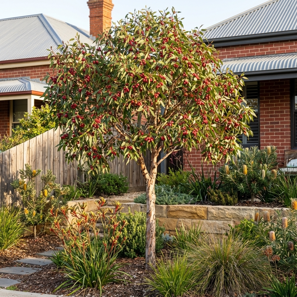 A Fuchsia Gum (Eucalyptus forrestiana), an Australian native with red berries, stands in a landscaped front yard near a brick house with a metal roof.