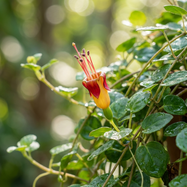 A vibrant orange-red Creeping Fuchsia - Fuchsia procumbens flower bud with long stamens and glossy green leaves in sunlight, ideal as a shade-tolerant groundcover plant.