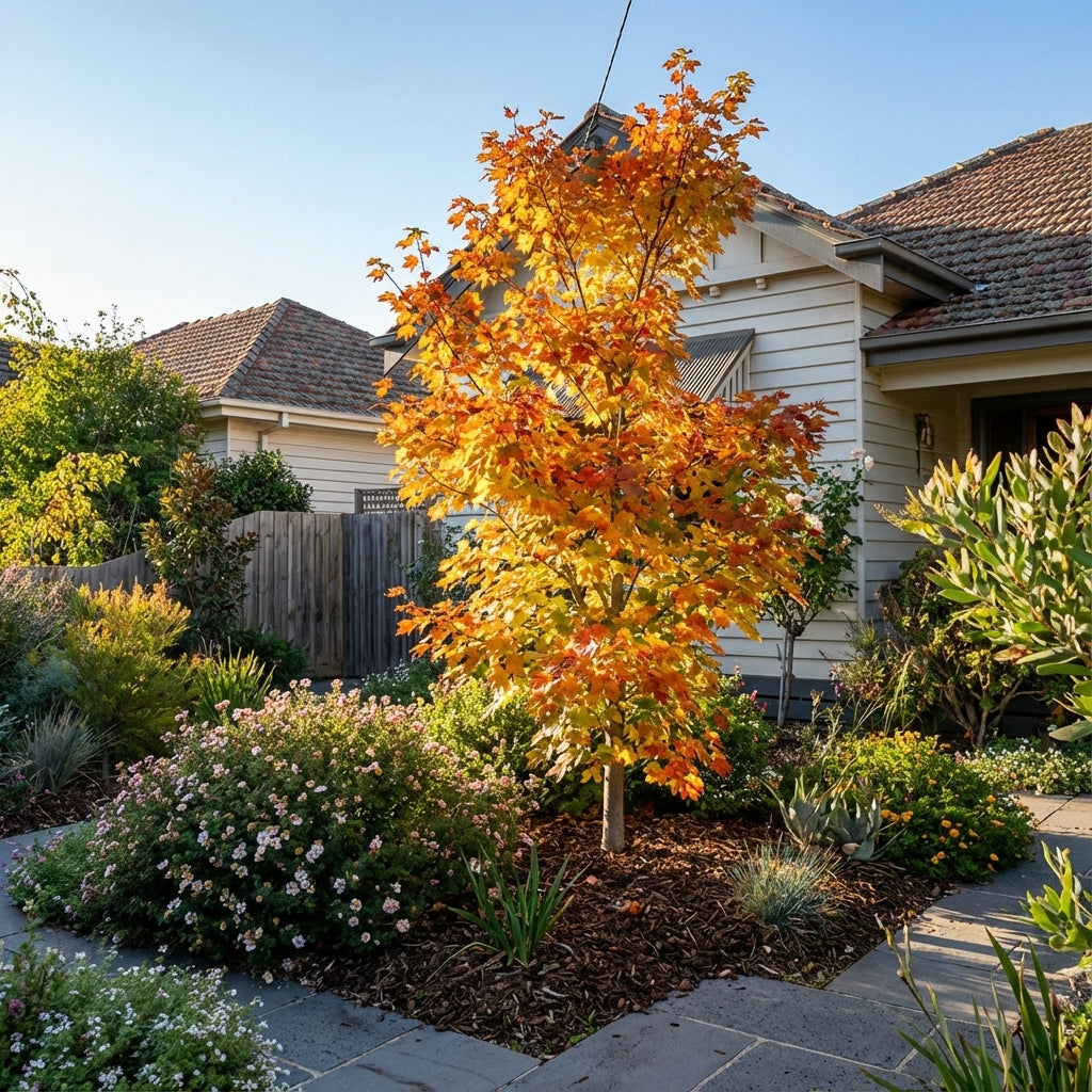 A compact Full Moon Maple - Acer japonicum ‘Vitifolium’ with vibrant autumn color serves as a striking feature tree in the landscaped front yard next to a house on a sunny day.