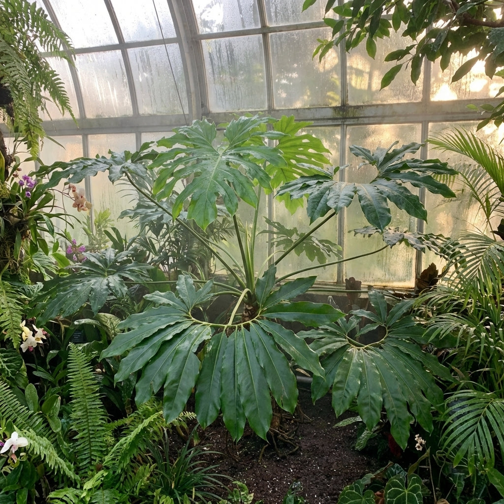 The Fun Bun Philodendron (Philodendron goeldii) features star-shaped, leafy foliage and thrives in a greenhouse with misty glass panels and lush greenery.