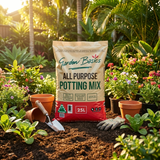 Garden Basics 25L All Purpose Potting Mix—ideal for excellent drainage in indoor and outdoor containers, surrounded by plants, pots, and tools in your garden.