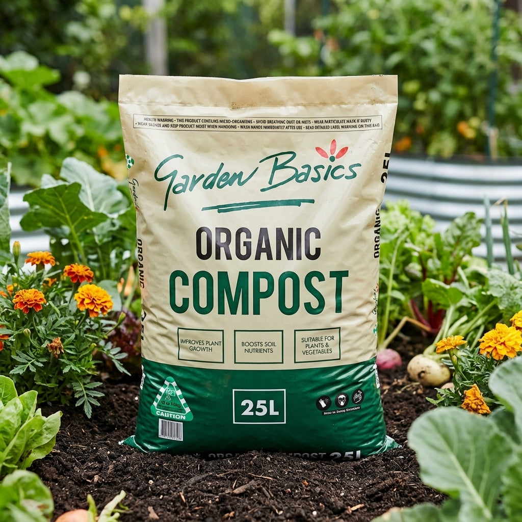 A 25L bag of Garden Basics 25L Compost is in a vegetable garden, naturally conditioning the soil as flowers and leafy plants thrive nearby.