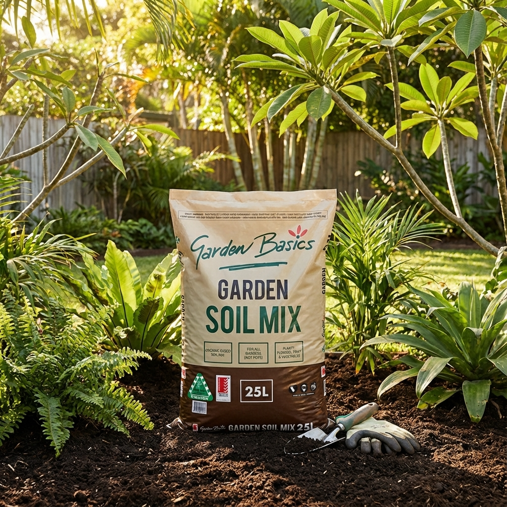 A bag of Garden Basics 25L Garden Soil Mix rests in a vibrant garden, accompanied by a trowel and gloves—ideal for enriching your soil and nourishing garden beds.