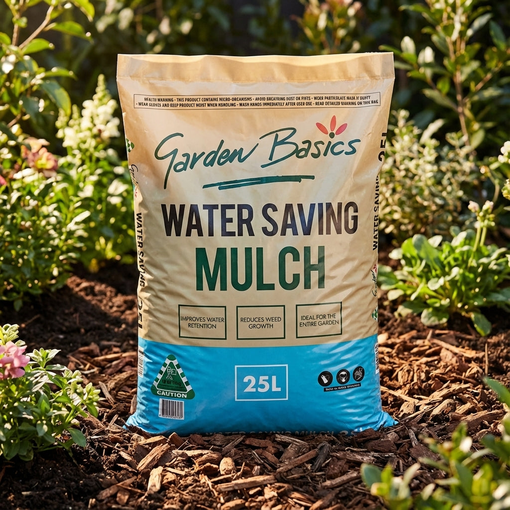 Garden Basics 25L Water Saving Mulch shown on soil among plants—perfect for retaining moisture and suppressing weeds in your garden.