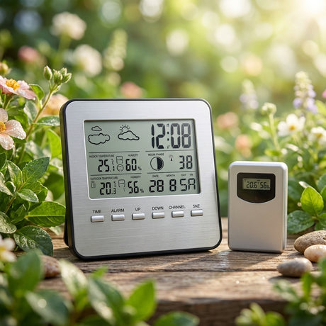The Garden Basics Wireless Weather Station provides indoor and outdoor temperature and humidity monitoring, beautifully displayed among green plants and flowers in your garden.