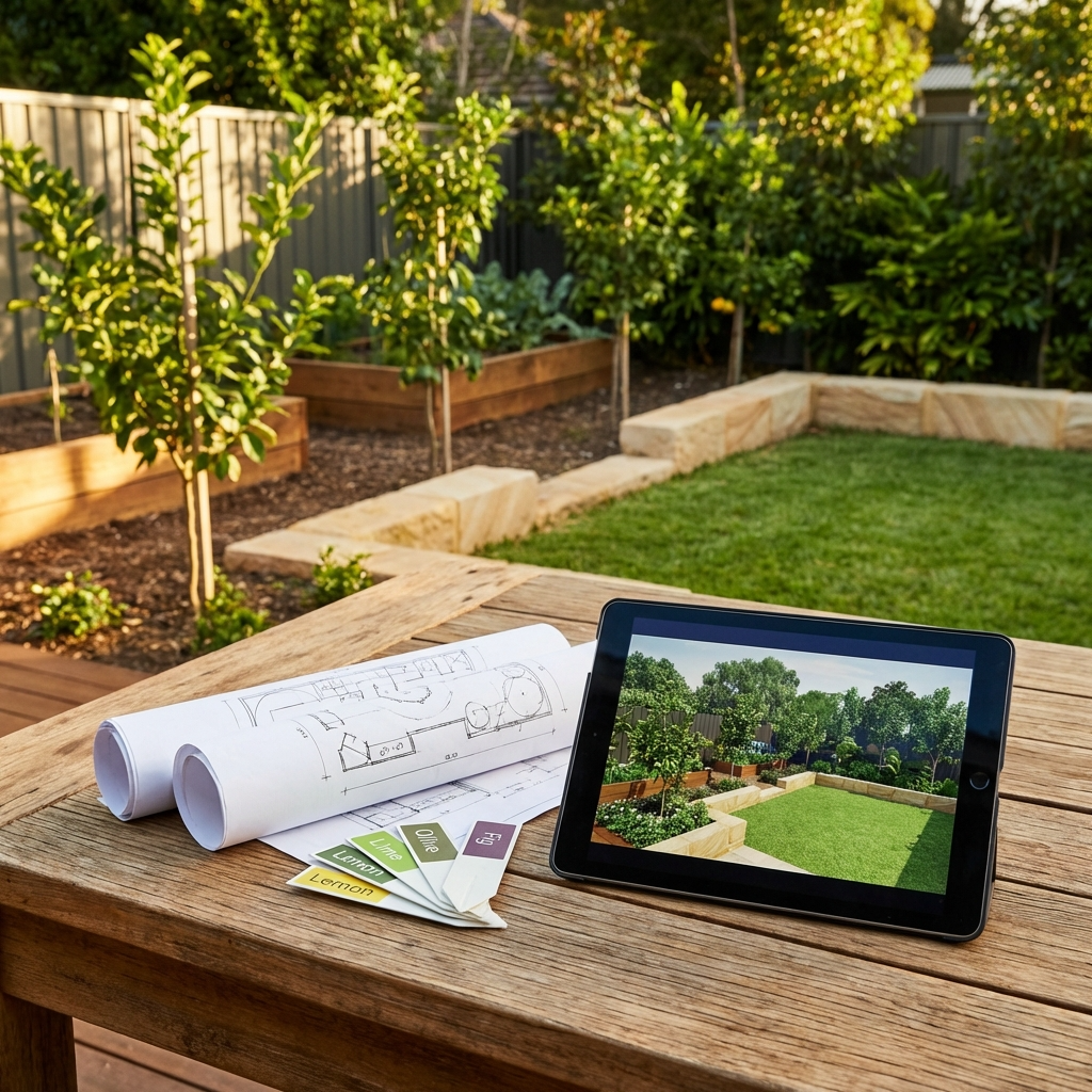 A tablet featuring the Garden Design Consultation service displays personalized advice, blueprints, and color swatches on a wooden table in a landscaped backyard.