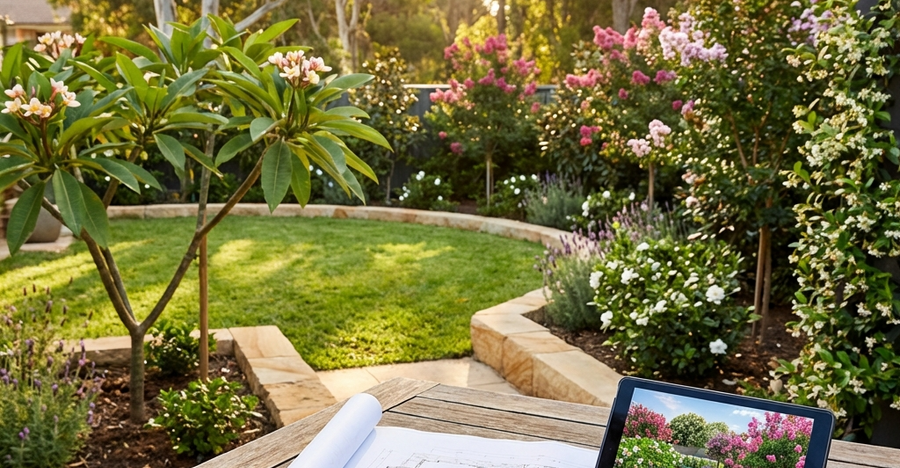 Garden plan on a table with plants