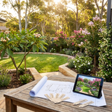 A Garden Design Consultation, complete with a garden plan, plant labels, and a tablet showing your space, is ideal for personalised advice or an email-based garden design consultation in your sunny backyard.