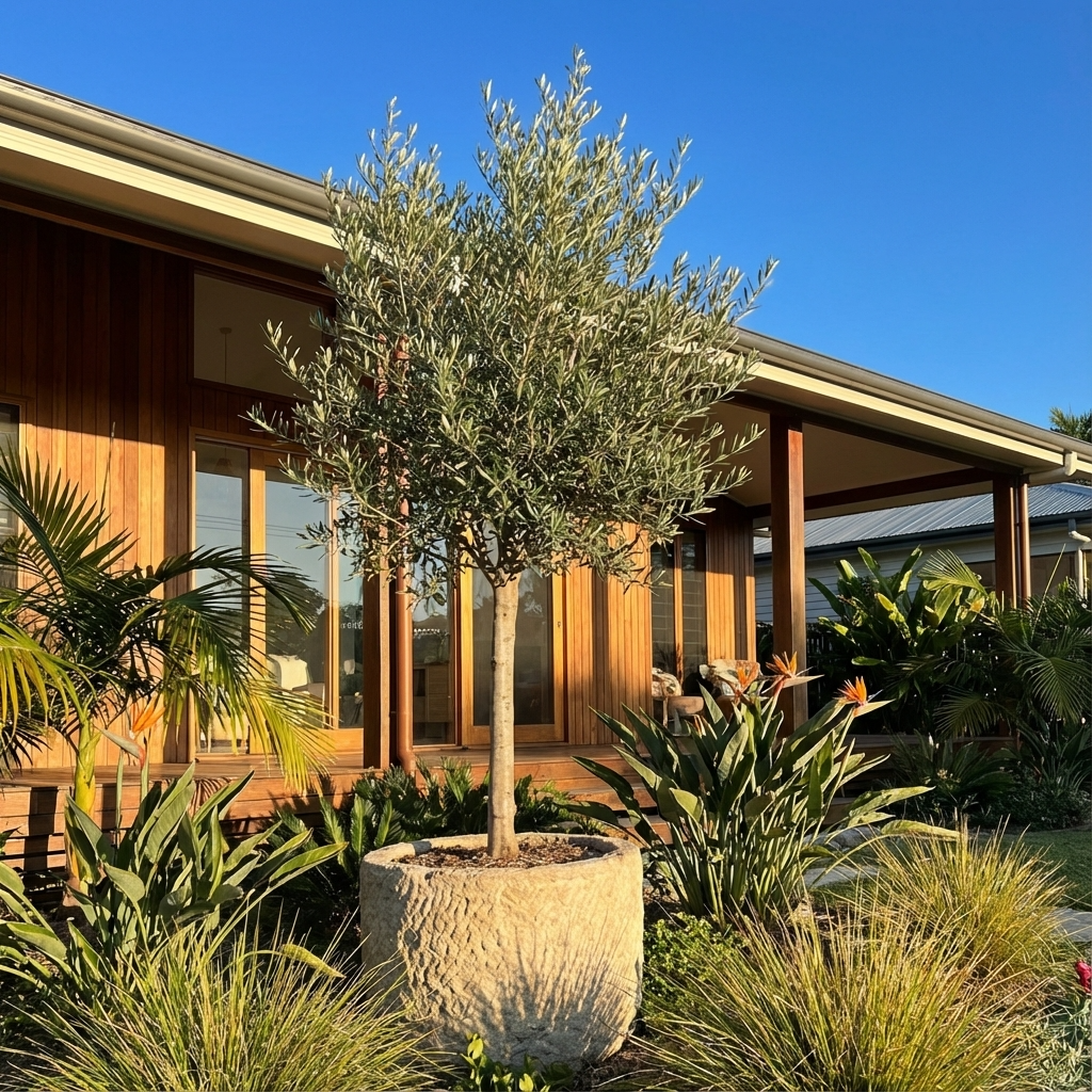 Garden Harvest Olive (Olea europaea ‘Garden Harvest’) in a Mediterranean garden outside a wooden house on a sunny day.