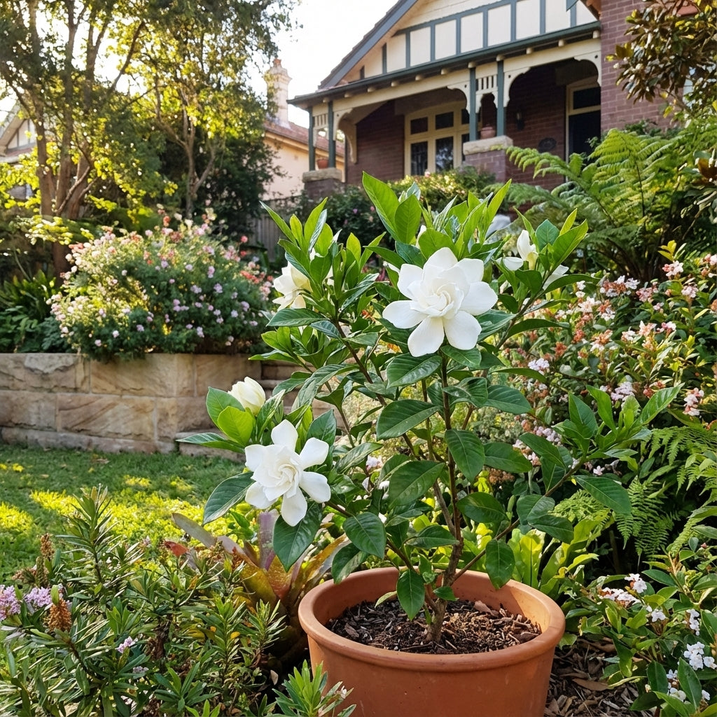 Gardenia ‘Ocean Pearl’ potted plant with fragrant white blooms, set in a sunny garden with a house and colorful flowers in the background.