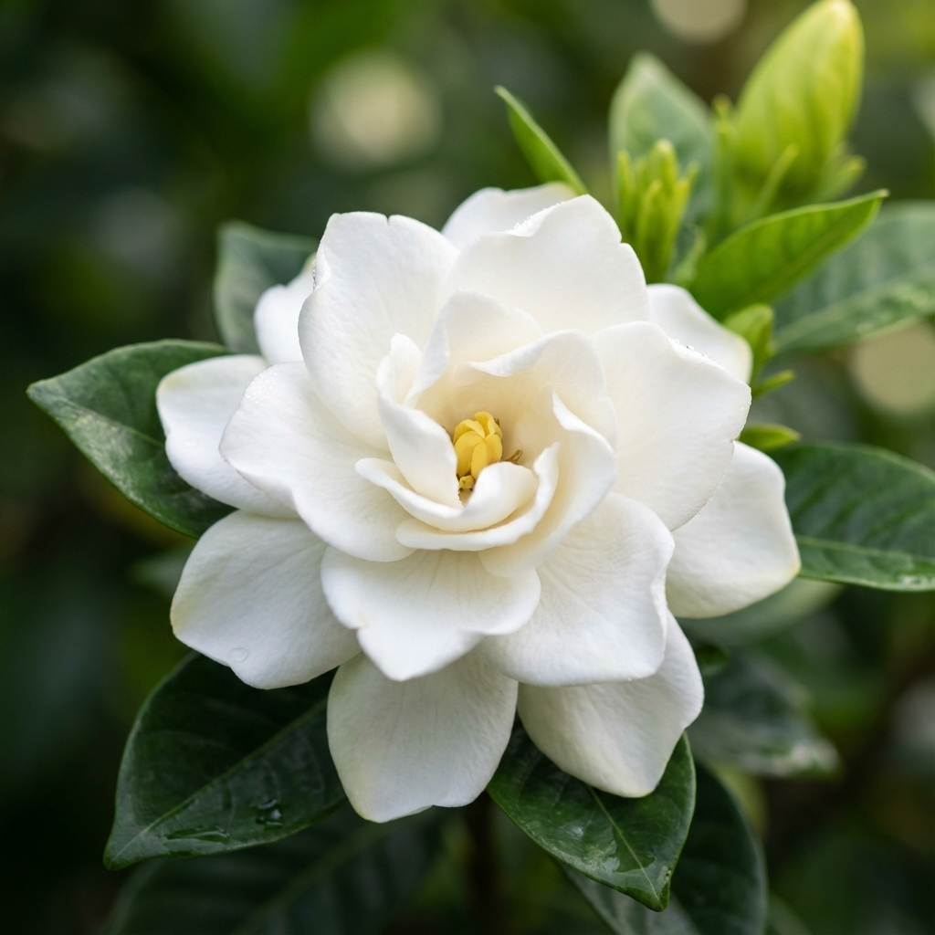 Close-up of Gardenia ‘Professor Pucci’ shrub, featuring its large white blooms and glossy green leaves in the background.
