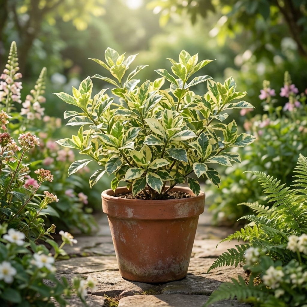 Gardenia ‘Swirl’ - Variegated Gardenia is a decorative container plant featuring fragrant white blooms, shown here on a stone path surrounded by lush foliage and flowers in a sunlit garden.