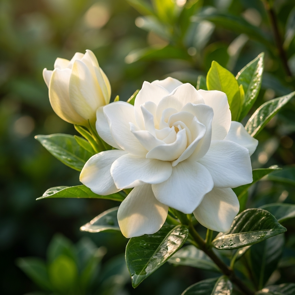 Aimee Yoshiba Fragrant Gardenia (Gardenia augusta 'Aimee Yoshiba') features glossy green leaves and fragrant white blooms—a stunning shrub that brightens any garden.