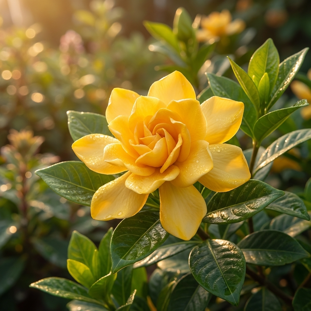 A vibrant yellow bloom of Gardenia ‘Golden Magic’ with dewdrops on its petals appears on an evergreen shrub, surrounded by lush green leaves in sunlight.
