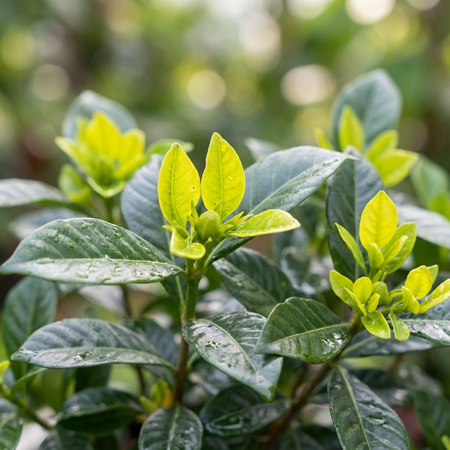 Close-up of Gardenia ‘Lean Green’ fresh leaves with water droplets in a compact evergreen garden.
