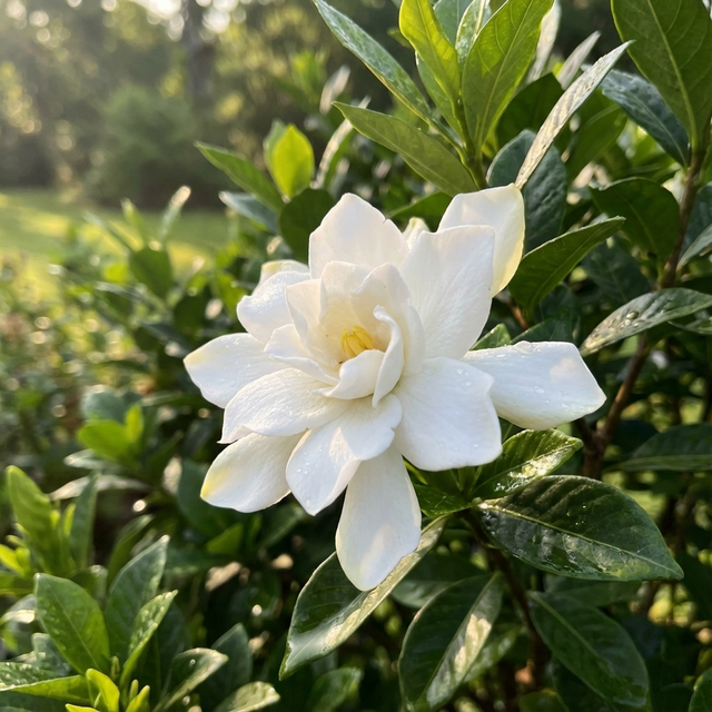 Gardenia ‘O So Fine’ showcases fragrant white blooms amid glossy green leaves, adding elegance and beauty to any garden.
