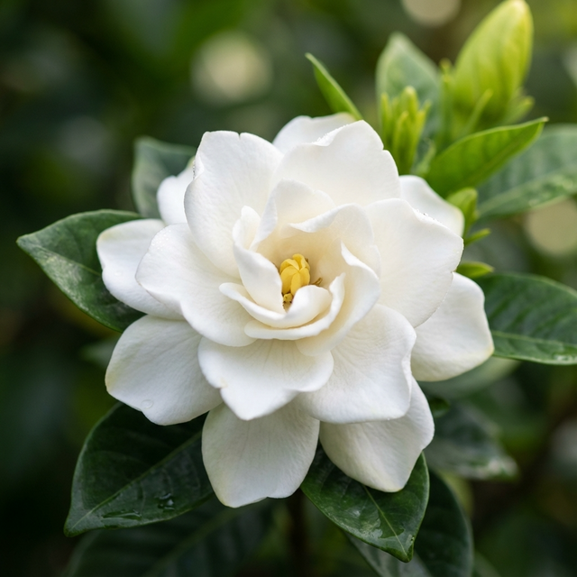 A close-up of the fragrant Gardenia ‘Professor Pucci’ flower, featuring its white blooms and glossy green leaves in the background.