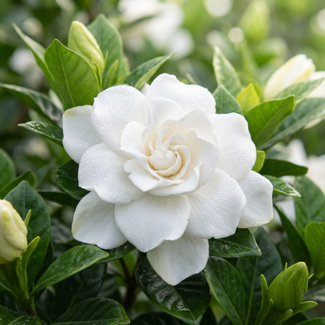 Gardenia ‘True Love’ features fragrant white flowers with dew drops, surrounded by green leaves and buds on this evergreen shrub.