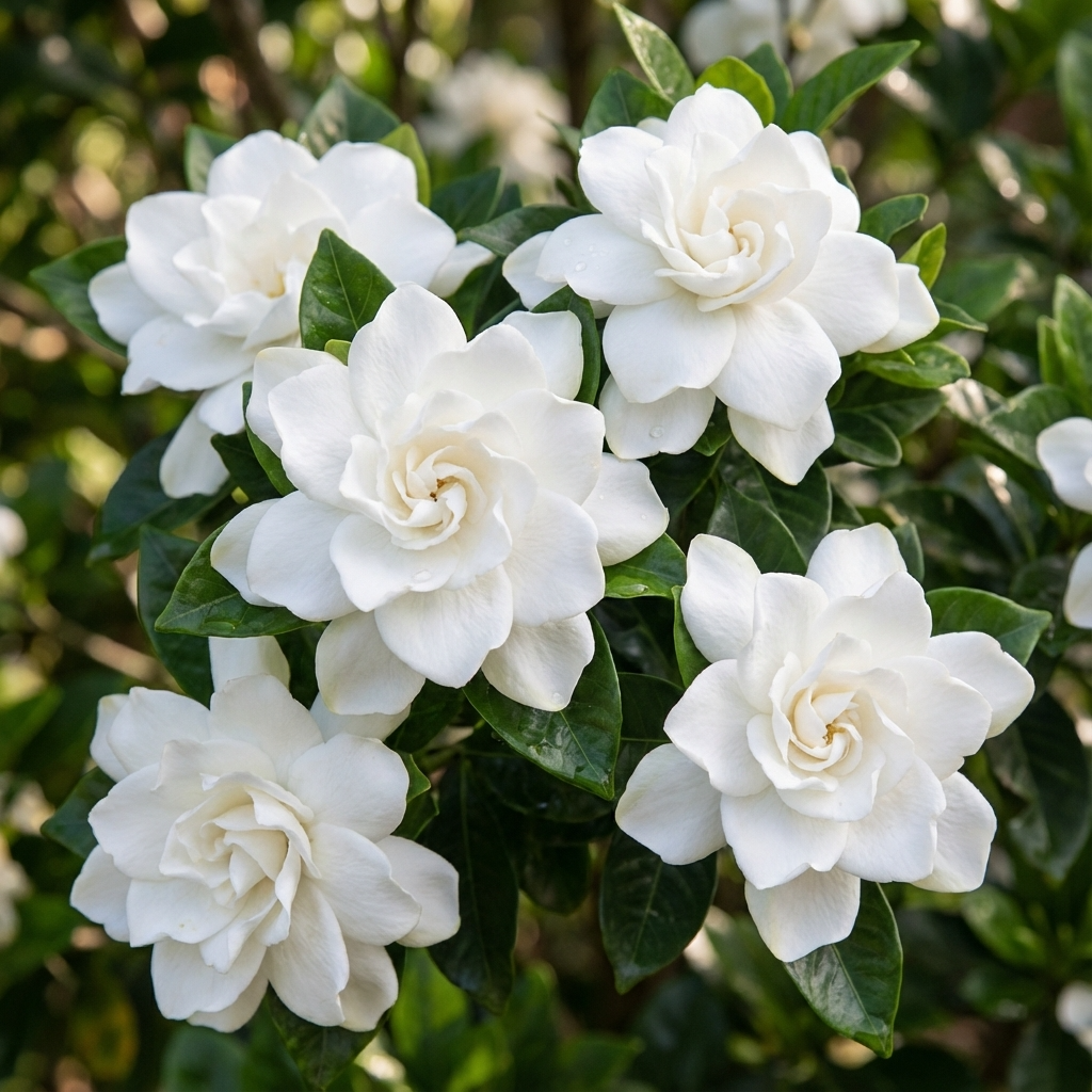 Magnifica Gardenia - Gardenia augusta 'Magnifica' features large, fragrant white blooms and glossy green leaves in clusters on an evergreen shrub, perfect for outdoor gardens.