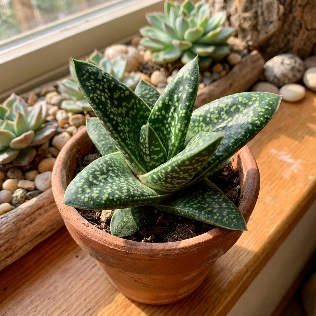 A Gasteria ‘Lots of Spots’ - Succulent in a clay pot is displayed with other indoor plants and pebbles on a sunlit windowsill.