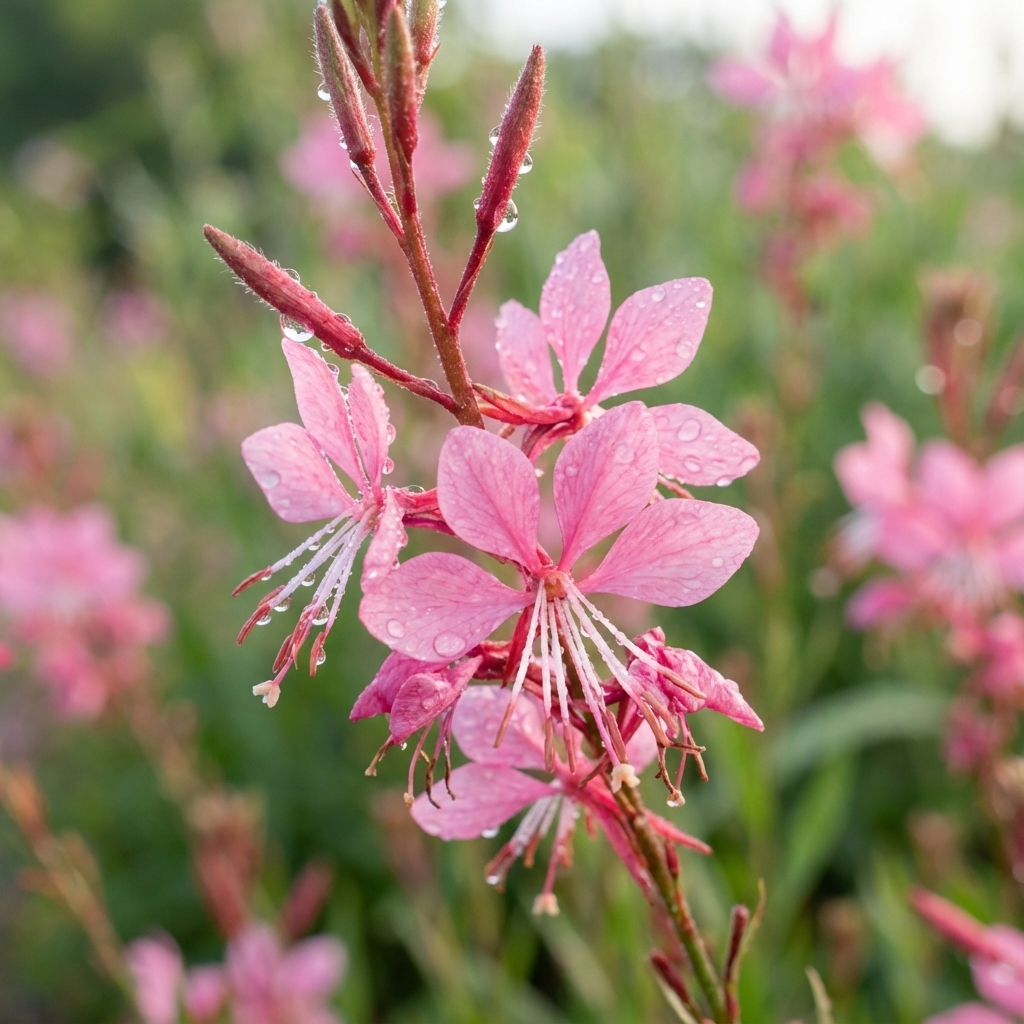 Close-up of Pink Butterfly Bush - Gaura ‘Pink’ wildflowers with water droplets on the petals against a blurred green background. This drought-tolerant perennial brings delicate beauty to any garden.