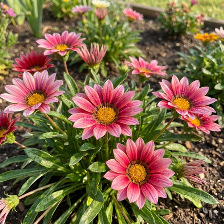 Gazania ‘Pink’ is a drought-tolerant groundcover with daisy-like pink blooms and yellow centers that brightens sunny garden beds.