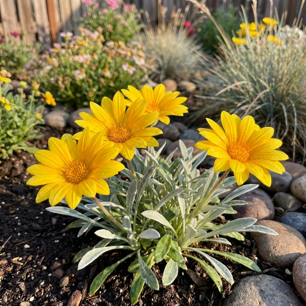Gazania ‘Silver Leaf’ features four vibrant yellow blooms with silvery foliage, thriving among rocks and other plants—an excellent drought-tolerant groundcover choice.