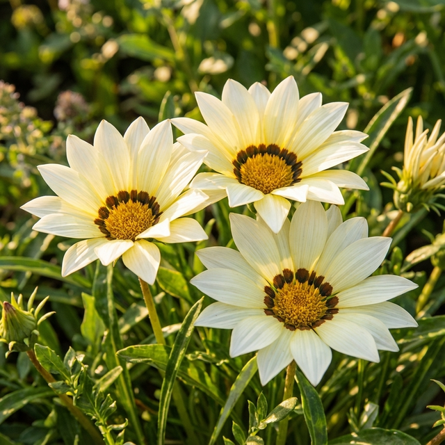 Three white daisy-like Gazania ‘White’ flowers with yellow centers and dark spots, surrounded by green leaves in sunlight—a drought-tolerant groundcover perfect for any coastal garden plant collection.