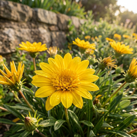 Gazania ‘Double Gold’ bursts with bright yellow daisy-like blooms over green foliage, thriving as a drought-tolerant groundcover ideal for sunny, coastal gardens and planting along stone walls.