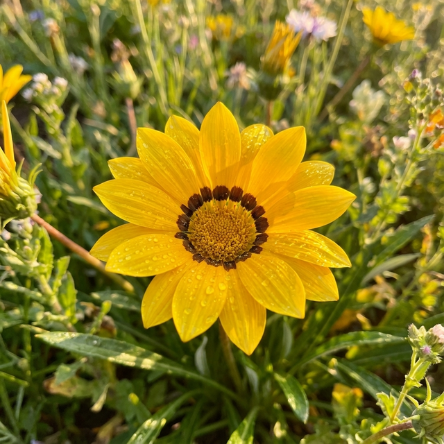 Gazania ‘Yellow’ – a bright yellow daisy flower with dew drops, blooming among green grass and wildflowers in sunlight. This drought-tolerant groundcover is perfect for any coastal garden plant setting.
