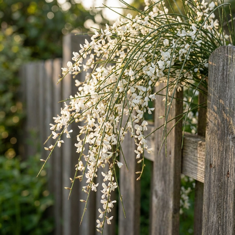 Delicate white blooms of Weeping Bridal Veil - Genista monosperma, a fragrant shrub with slender green stems, cascade over a weathered wooden fence in sunlight.