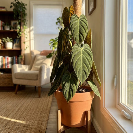 The Giant Gigas Philodendron – Philodendron gigas, with its large, velvety leaves, sits by a sunny window in a cozy, well-lit living room.
