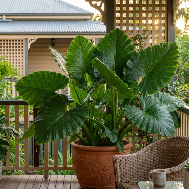The Giant Taro (Alocasia macrorrhizos) in a terracotta pot sits on a wooden porch, paired with a wicker chair and house backdrop, creating a lush tropical vibe.