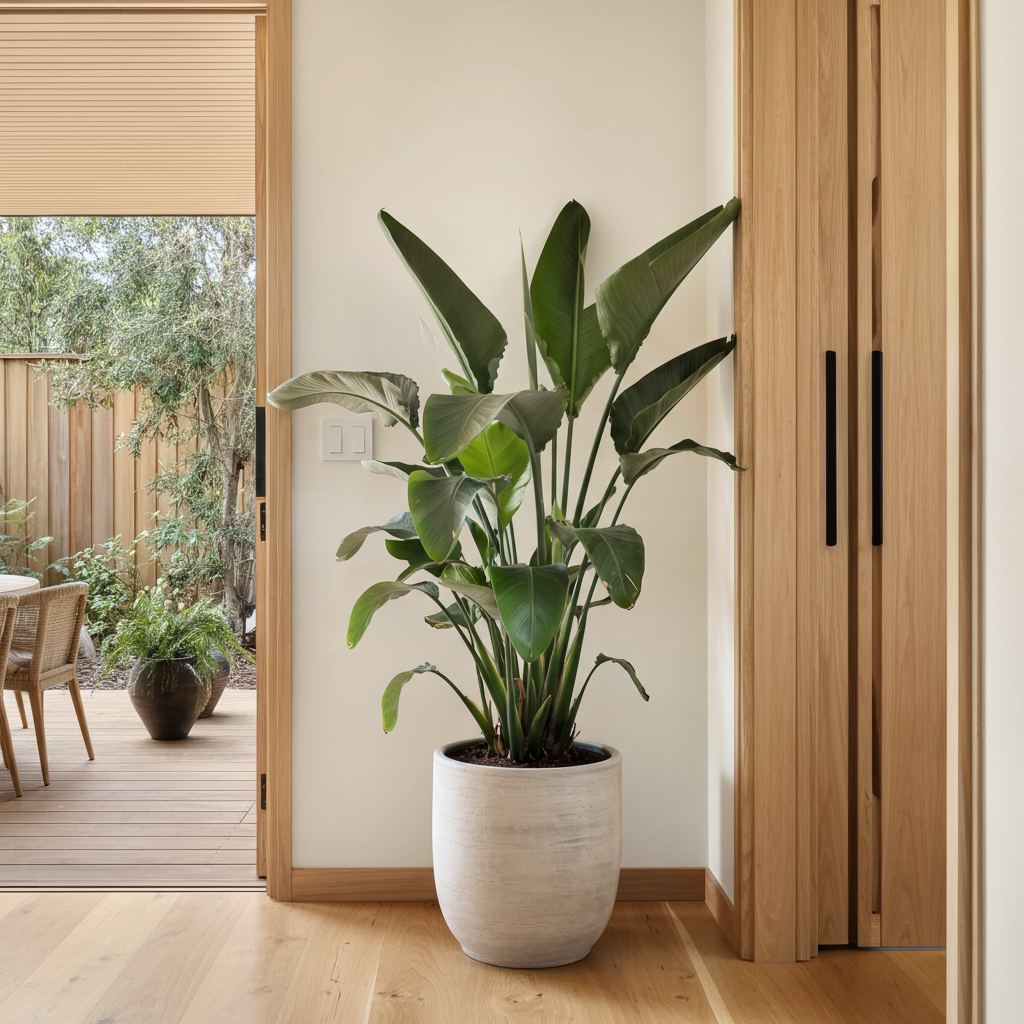 The Giant White Bird of Paradise - Strelitzia Nicolai stands by wooden doors in a sunlit room, serving as a striking feature plant with access to the deck and garden.