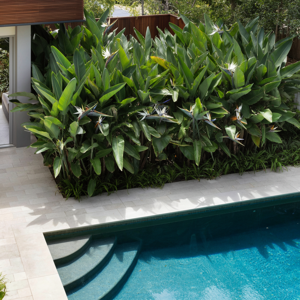 Giant White Bird of Paradise - Strelitzia Nicolai features striking white blooms and lush foliage, making it an ideal tropical privacy screen for your swimming pool or stone patio.