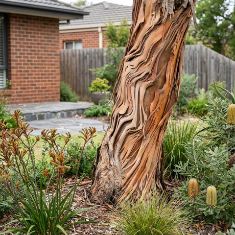 A Gippsland Mallee Gum (Eucalyptus kitsoniana) with peeling bark grows in a landscaped garden next to a brick house and wooden fence.