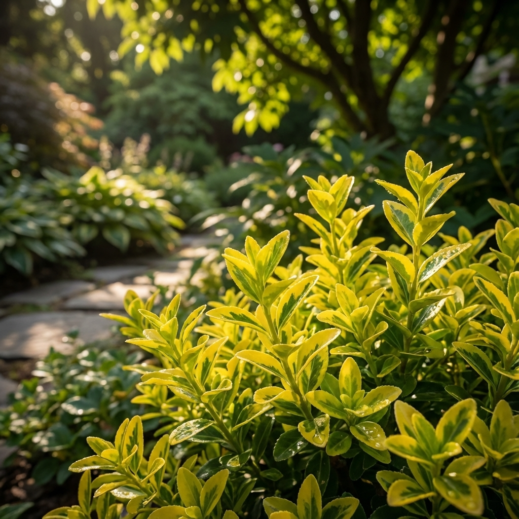 Gold Thumb Euonymus (Euonymus japonicus microphyllus 'Gold Thumb') shrubs with golden foliage illuminate the stone garden path, set among trees and lush greenery in the background.