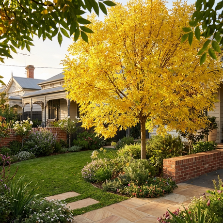 A Golden Ash - Fraxinus excelsior ‘Aurea’ with golden-yellow leaves provides shade in a lush garden, standing beside a charming house and a brick walkway.